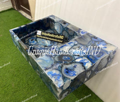 Buy Custom Blue Agate Gemstone Sink Hand-Carved Wall Mounted Sink and Luxury Washbasin for Elegant Bathroom Decor Unique Handicrafts IND