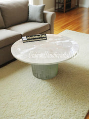 Buy Selenite Coffee Table With Selenite pedestal Base , Sun Burst stone pattern , Selenite Gem stone Furniture Arts Home Decor Furniture Unique Handicrafts IND