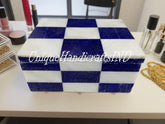 Elegant White Marble Jewelry Box, Storage Box Lapis & Mother of Pearl Inlay Gemstone Mosaic Arts Handmade Watch Box Wedding Gifts Unique Handicrafts IND