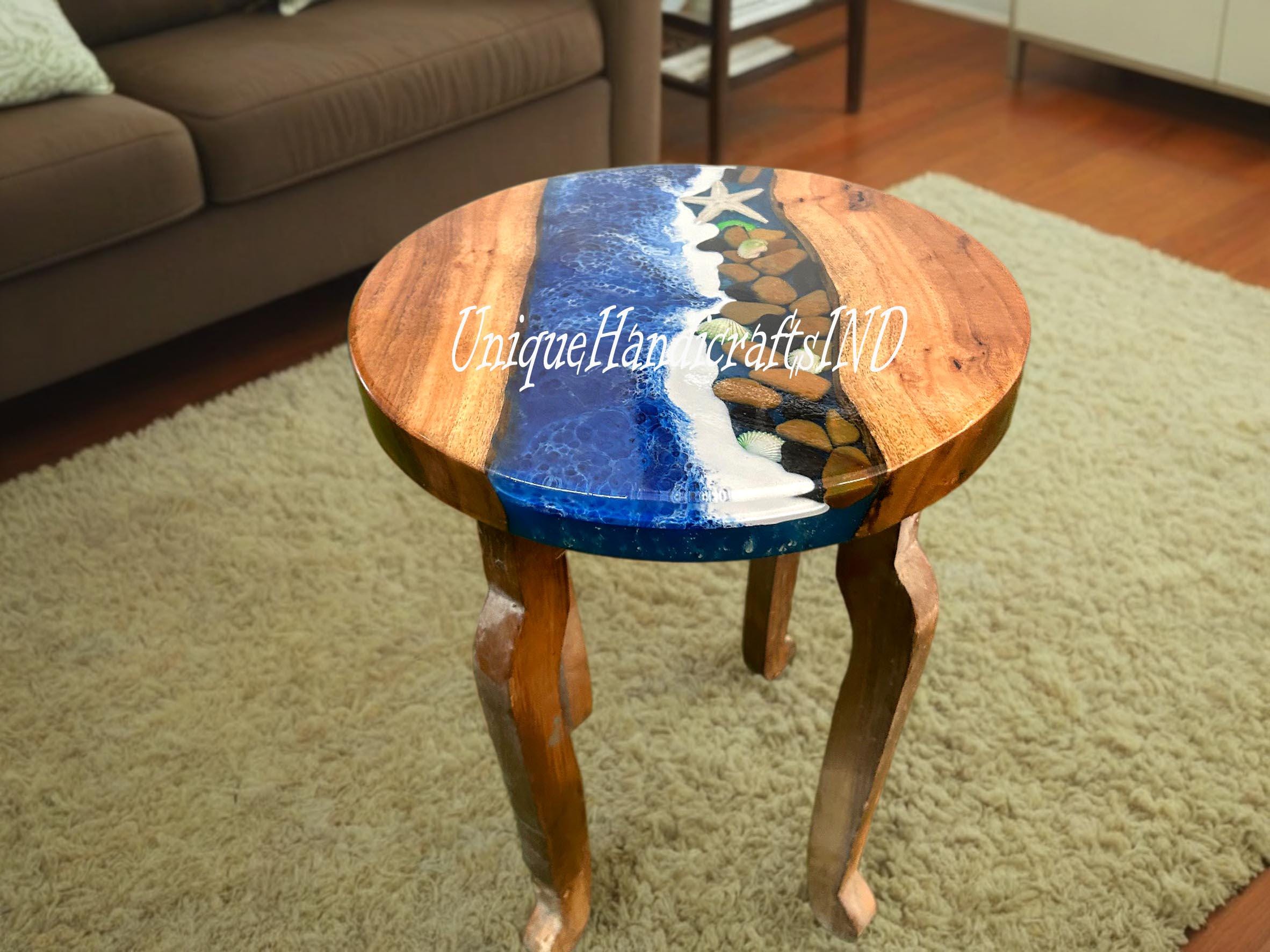 Round Ocean Epoxy Resin Top Coffee Table Mid Century Modern Arts With Wooden Leg Countertop Acacia Wooden Live Edge Handmade Furniture Decor Unique Handicrafts IND