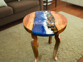 Round Ocean Epoxy Resin Top Coffee Table Mid Century Modern Arts With Wooden Leg Countertop Acacia Wooden Live Edge Handmade Furniture Decor Unique Handicrafts IND