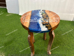 Round Ocean Epoxy Resin Top Coffee Table Mid Century Modern Arts With Wooden Leg Countertop Acacia Wooden Live Edge Handmade Furniture Decor Unique Handicrafts IND