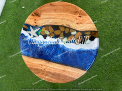 Round Ocean Epoxy Resin Top Coffee Table Mid Century Modern Arts With Wooden Leg Countertop Acacia Wooden Live Edge Handmade Furniture Decor Unique Handicrafts IND