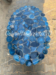 Blue Agate Gemstone Top Dining Table Handmade Furniture Mid Century Modern Arts Console Bar Kitchen Slab Housewarming Oval Live Edge Arts Unique Handicrafts IND