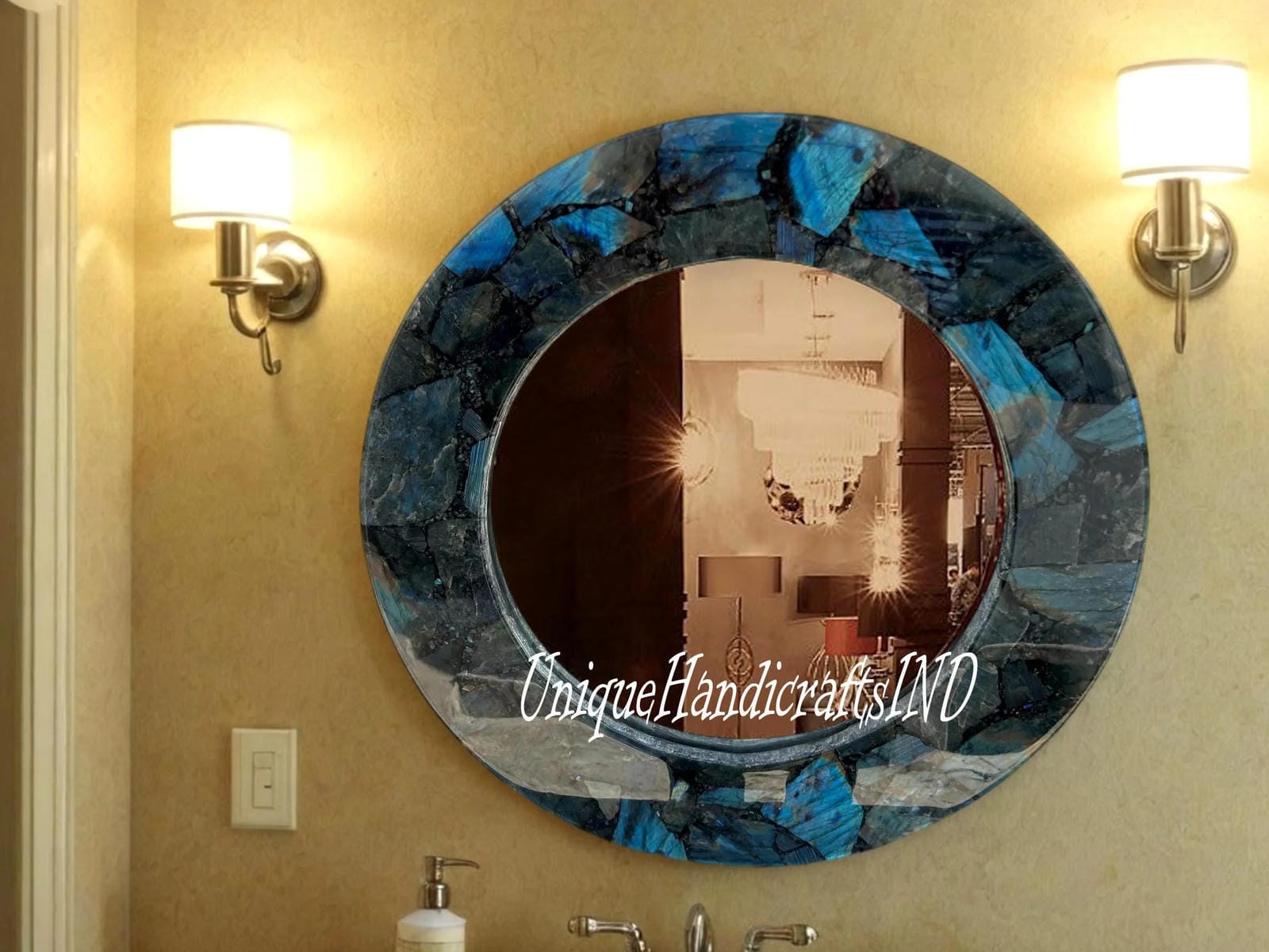 Antique Labradorite Round Wall Mirror | Wall Mirror | Mirror ( Customisable Size and Design) Unique Handicrafts IND
