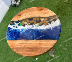 Round Ocean Epoxy Resin Top Coffee Table Mid Century Modern Arts With Wooden Leg Countertop Acacia Wooden Live Edge Handmade Furniture Decor Unique Handicrafts IND