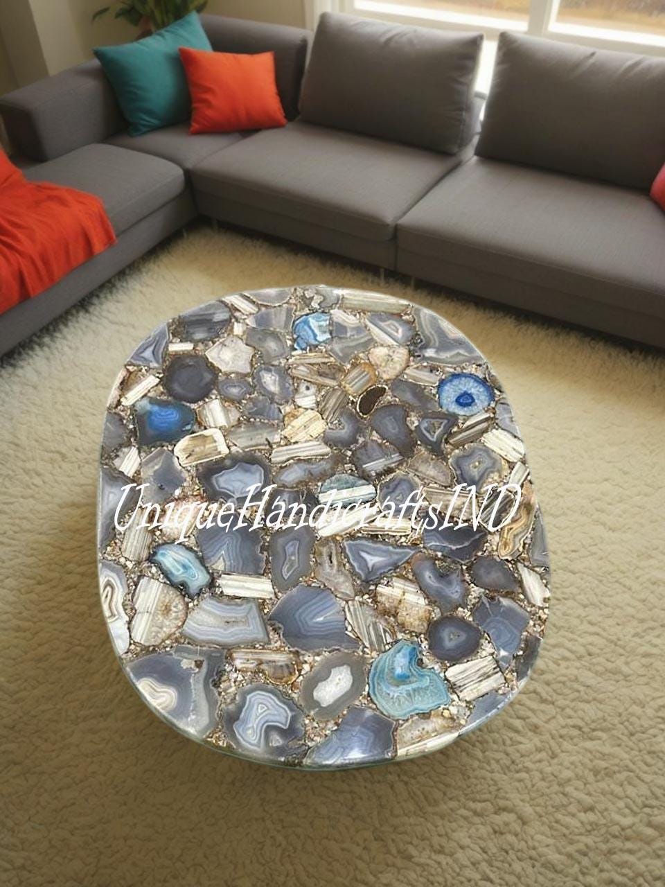 Kitchen and Dining Tables in Oval Shape Mix Agate Stone Coffee/Center/ Sofa Table Home Decor Mid Century Modern Furniture Gift For Her Unique Handicrafts IND