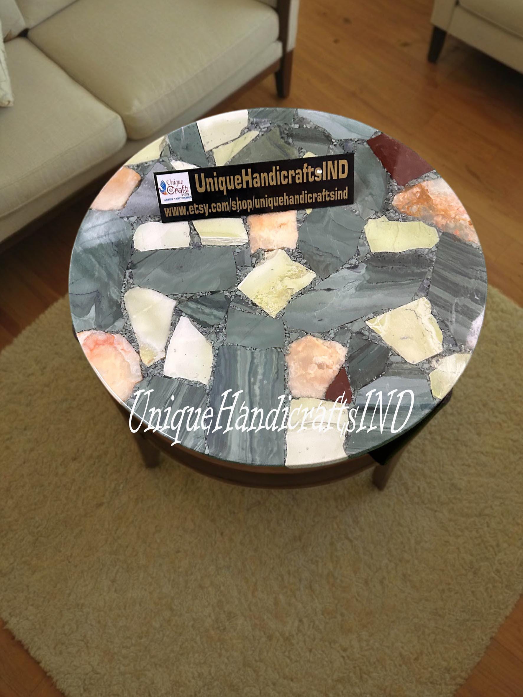 Home Decor Coffee table, Customize Natural Green Agate Stone Round Modern End, Side table, bedside Lamp Table, Living Room Decor Furniture Unique Handicrafts IND