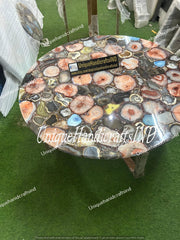 Luxury Round Coffee Table with Mixed Agate Stone Top - Elegant Natural Gemstone Art Garden & Living Room Decor Unique Handicrafts IND