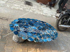 Blue Agate Gemstone Top Dining Table Handmade Furniture Mid Century Modern Arts Console Bar Kitchen Slab Housewarming Oval Live Edge Arts Unique Handicrafts IND