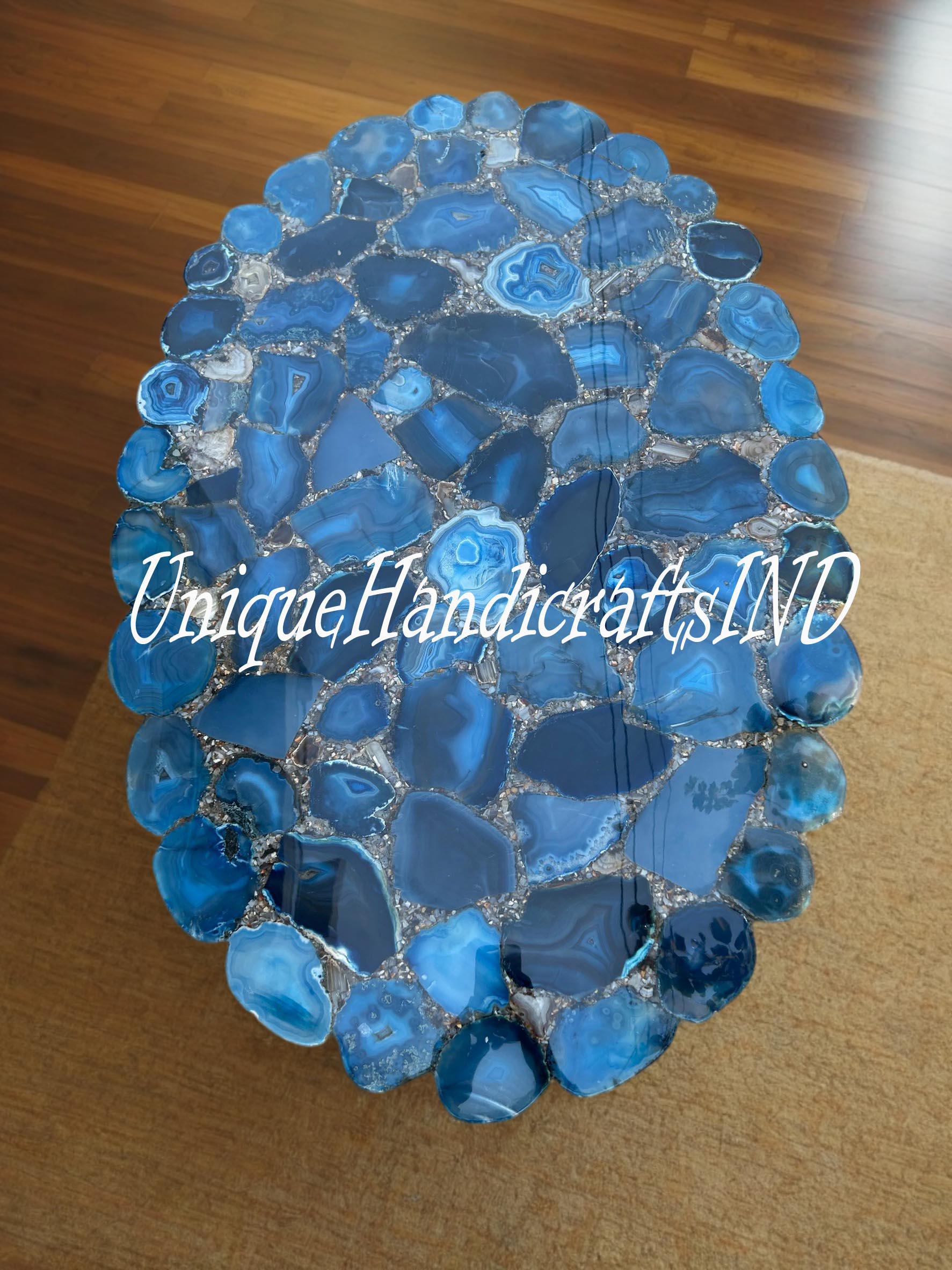 Blue Agate Gemstone Top Dining Table Handmade Furniture Mid Century Modern Arts Console Bar Kitchen Slab Housewarming Oval Live Edge Arts Unique Handicrafts IND