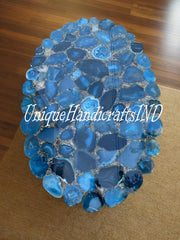 Blue Agate Gemstone Top Dining Table Handmade Furniture Mid Century Modern Arts Console Bar Kitchen Slab Housewarming Oval Live Edge Arts Unique Handicrafts IND