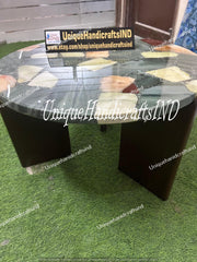 Home Decor Coffee table, Customize Natural Green Agate Stone Round Modern End, Side table, bedside Lamp Table, Living Room Decor Furniture Unique Handicrafts IND