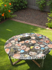 Luxury Round Coffee Table with Mixed Agate Stone Top - Elegant Natural Gemstone Art Garden & Living Room Decor Unique Handicrafts IND