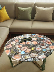 Luxury Round Coffee Table with Mixed Agate Stone Top - Elegant Natural Gemstone Art Garden & Living Room Decor Unique Handicrafts IND
