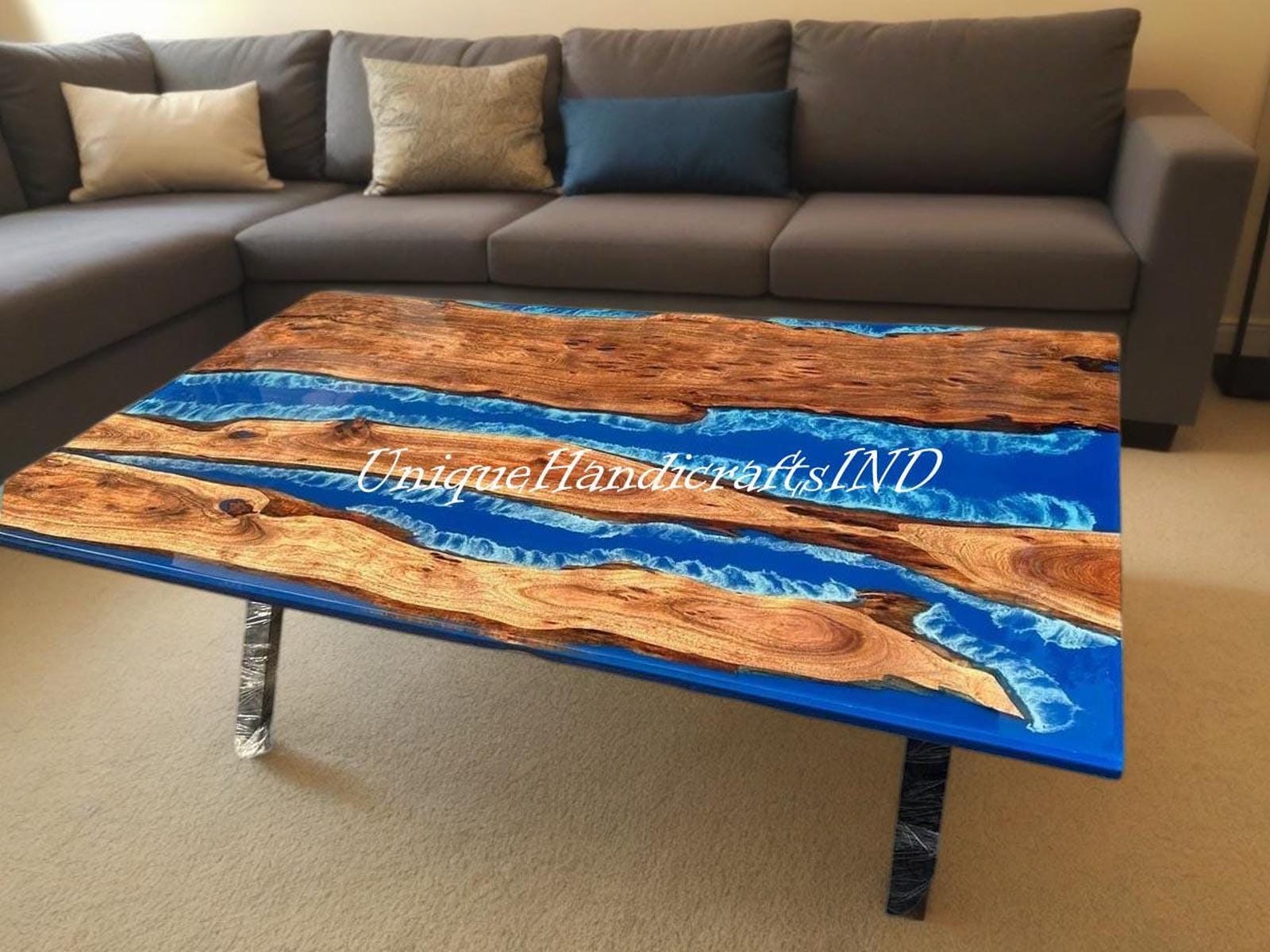 Handcrafted Blue Ocean Epoxy Dining Table – Unique Resin Wood Table for Modern Home Decor Unique Handicrafts IND