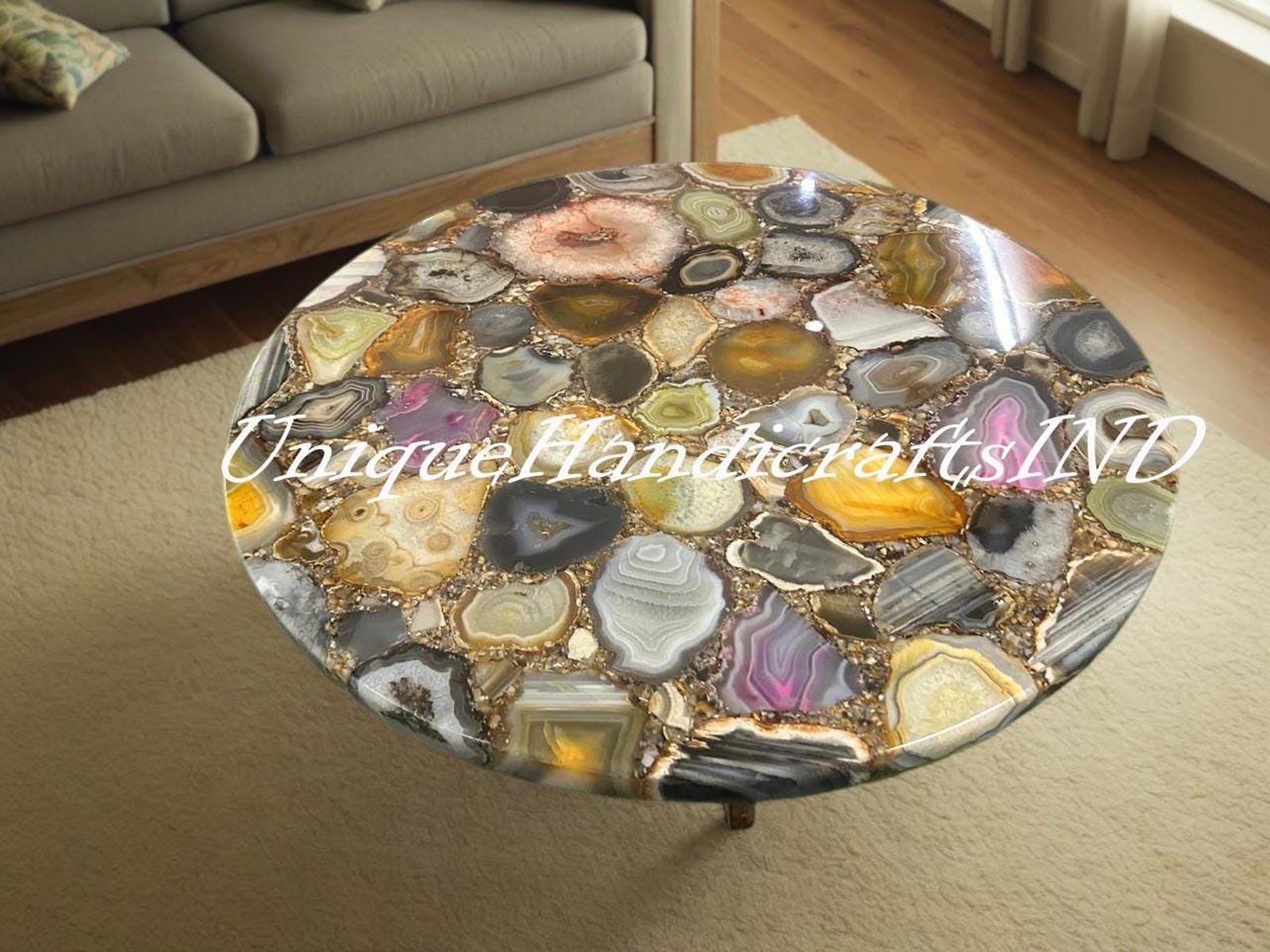 Elegant Stone Coffee Table with Mixed Agate Inlay – Handcrafted Modern Centerpiece Unique Handicrafts IND