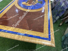 Elegant Marble Center Table Top with Lapis & Semi Precious Inlay Art – Luxury Decorative Table, Handcrafted Gemstone Inlay Furniture Unique Handicrafts IND