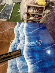 Luxury Ocean Epoxy Coffee Table – Handmade Resin River Table, Blue Ocean Wave Design, Custom Wood and Epoxy Furniture Unique Handicrafts IND