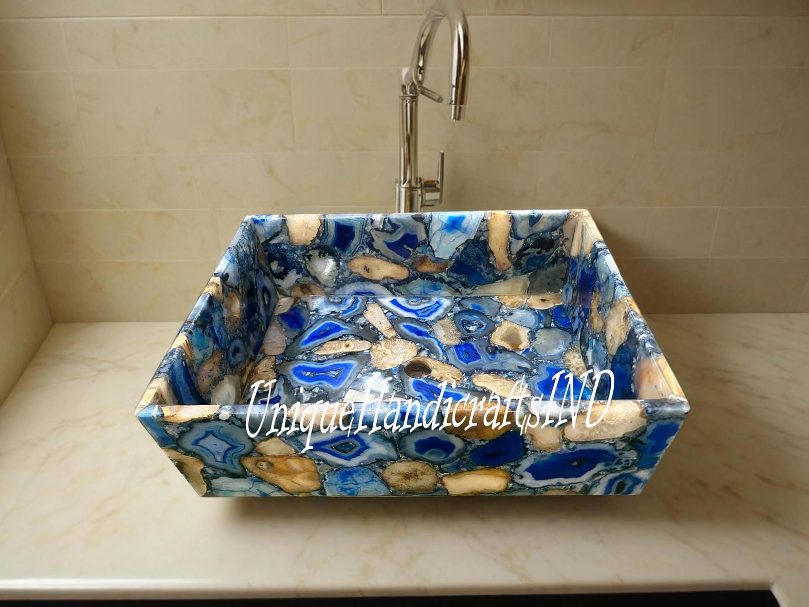 Elegant Sink washbasin for bathroom and powder room handmade arts / Stone Sink in Blue and yellow gem Stone Unique Handicrafts IND