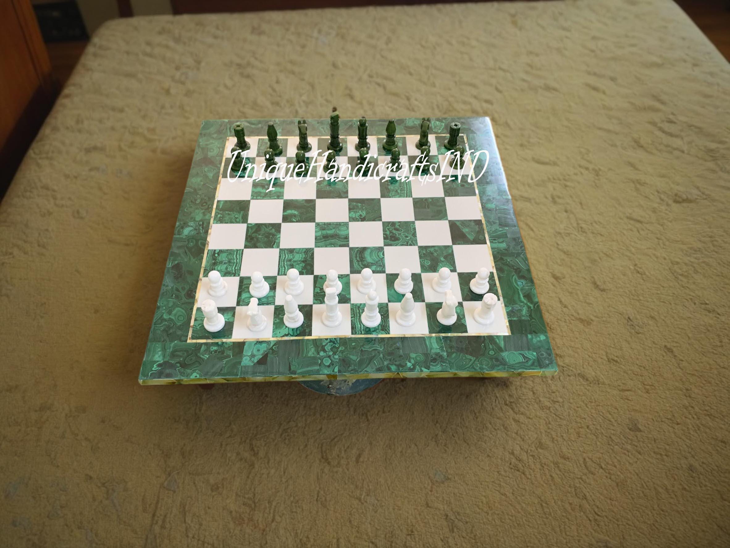 Christmas Gifts ,Luxury Malachite Chess Board Game with Chess Pieces /Marble & Malachite Stone overlay work chess set best Gift For Him Unique Handicrafts IND