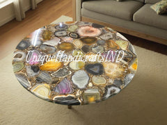 Elegant Stone Coffee Table with Mixed Agate Inlay – Handcrafted Modern Centerpiece Unique Handicrafts IND