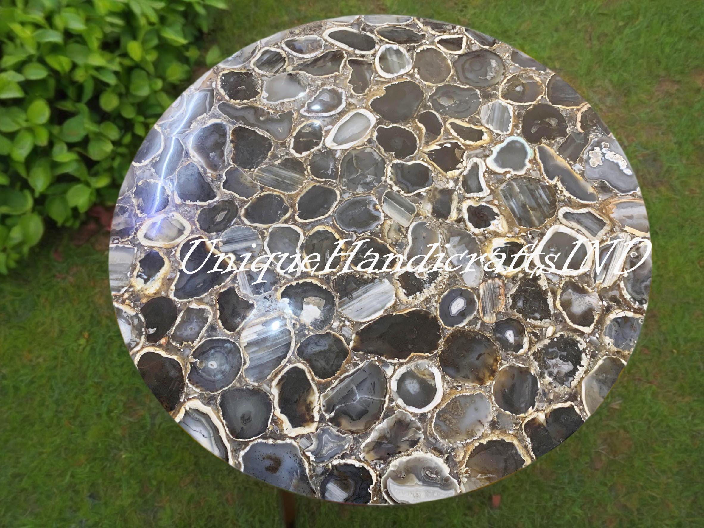 Natural Agate Stone Table Top – Black & Gold Agate Coffee Table, Crystal Side Table, Elegant Stone Countertop for Home Decor Unique Handicrafts IND