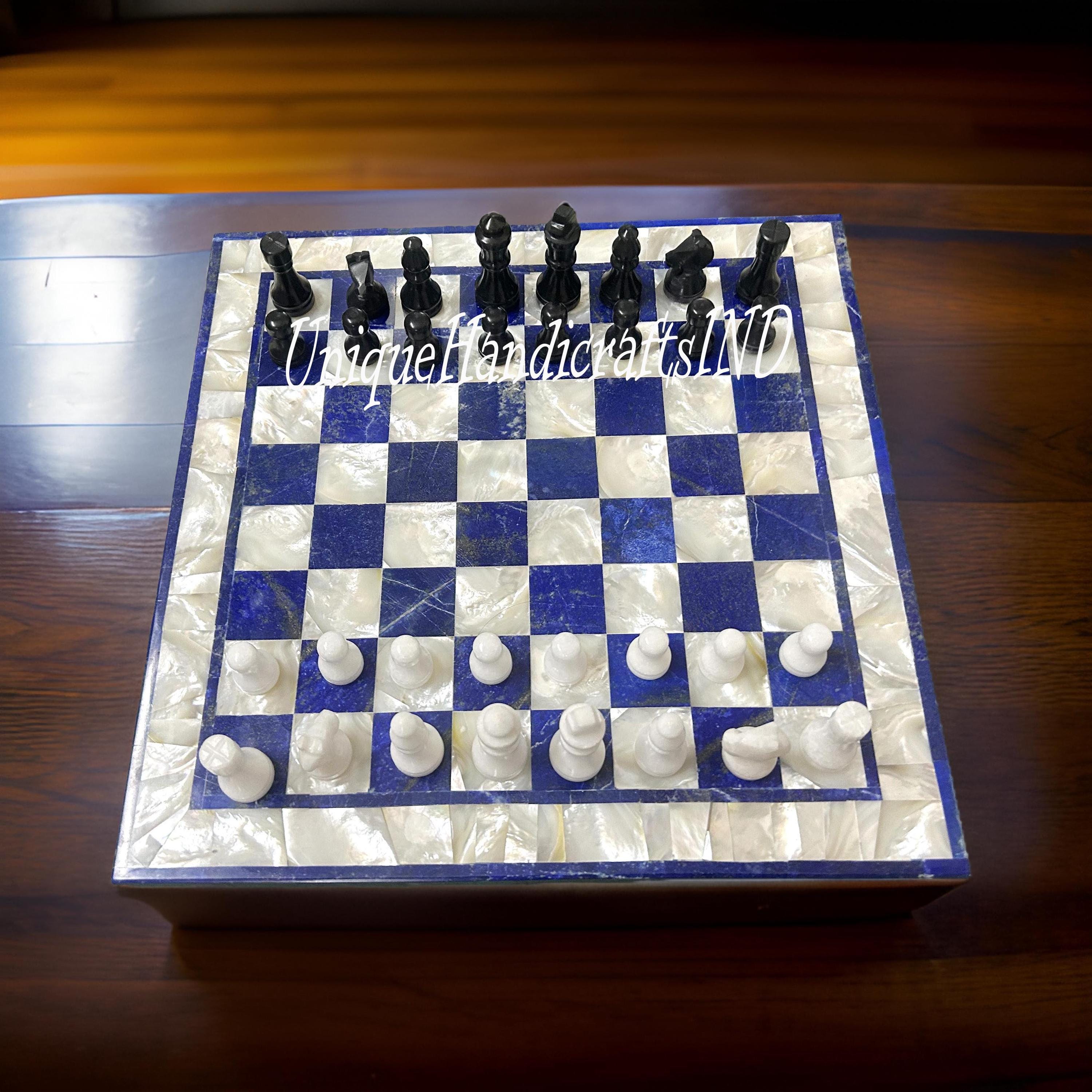 Lapis Lazuli & Mother of Pearl Chess Set - Handmade Stone Chess Board with Pieces, Luxury Chess Set, Decorative Game, Unique Gift Unique Handicrafts IND