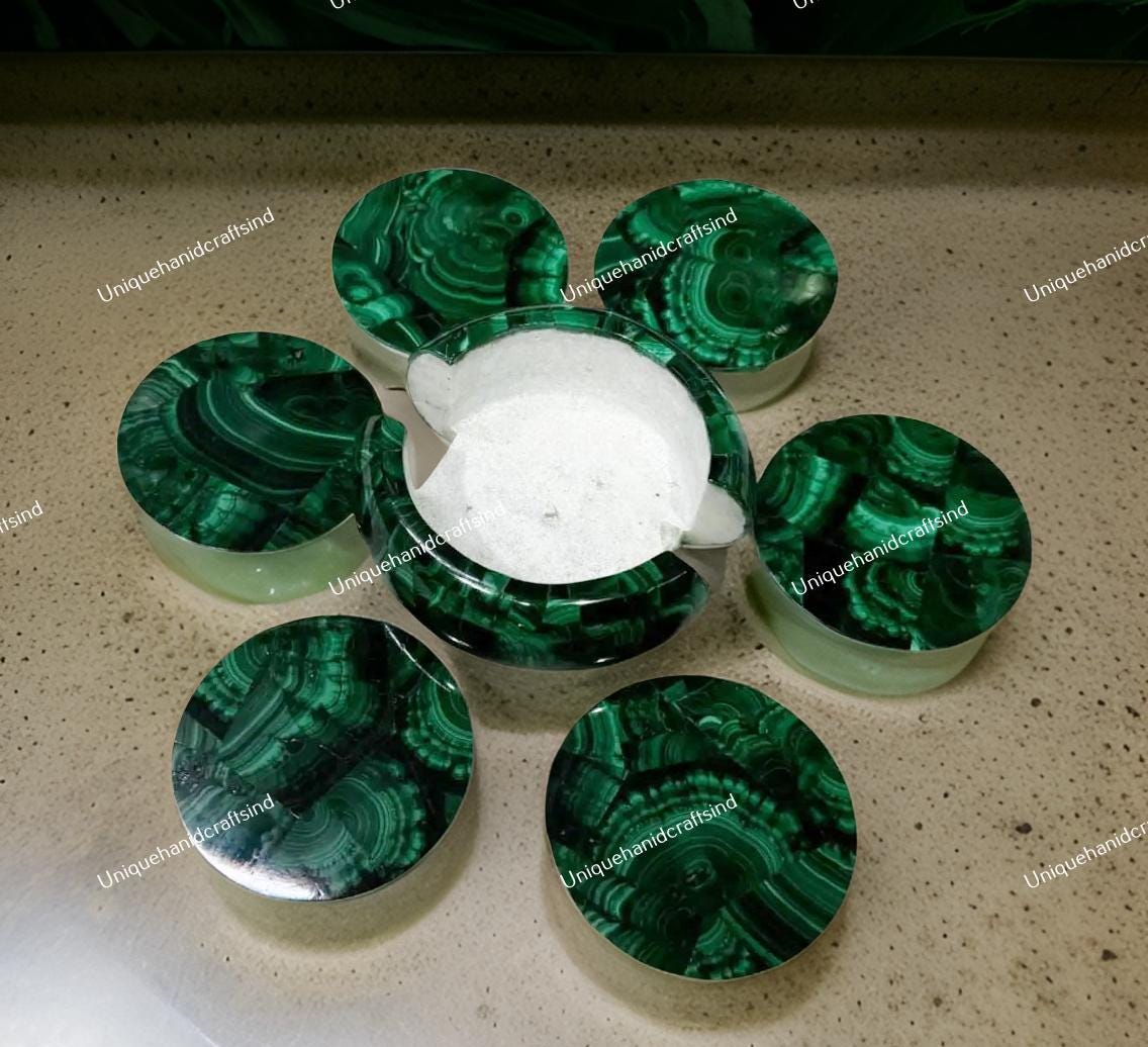 Genuine Malachite Coasters – Crystal Coaster Set – Luxury Green Gemstone Coasters – Unique Home & Bar Decor – Handmade Stone Coasters Unique Handicrafts IND