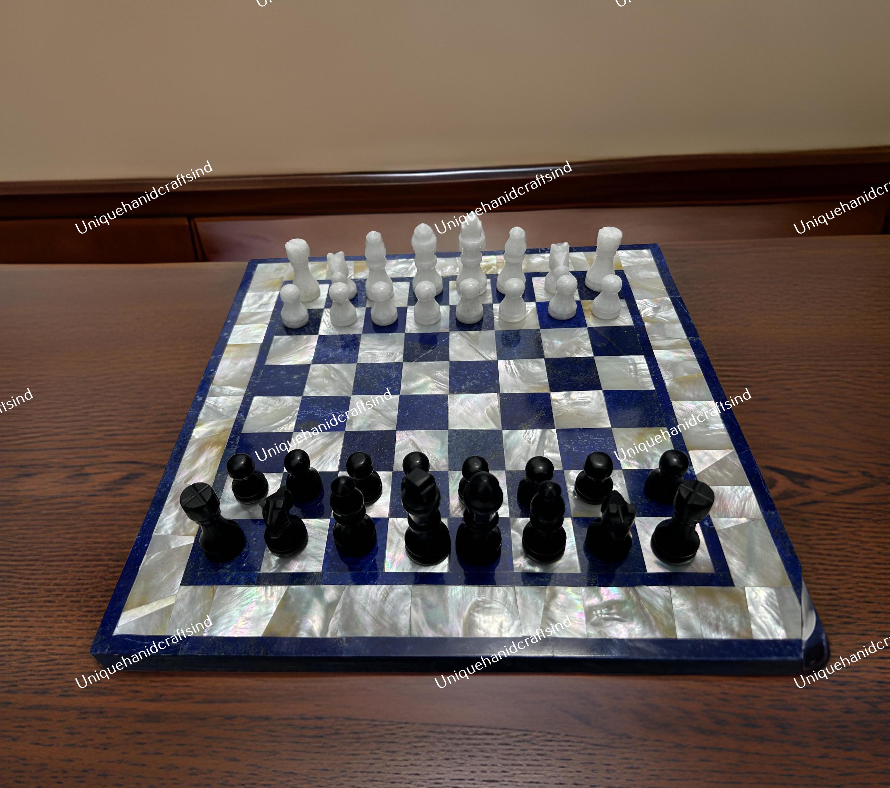 Christmas Gifts Handmade Marble Chess Set With Board Inlay With Mother of Pearl & Lapis lazuli Inlay Minimalist Design Birthday Gift Her Unique Handicrafts IND