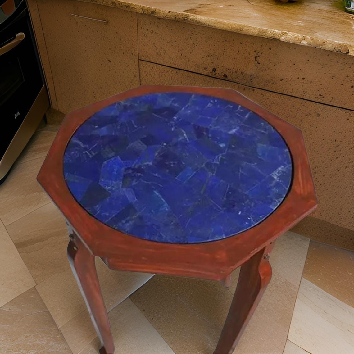Luxury Lapis Lazuli Coffee Table with Wooden Stand – Elegant Gemstone Furniture Unique Handicrafts IND