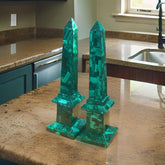 Large Polished Malachite Obelisk Set | Genuine Semi-Precious Stone Inlay Decor | Luxury Stone Art Unique Handicrafts IND