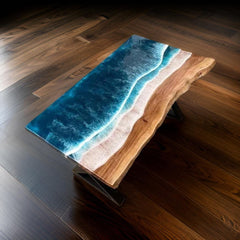 Ocean Wave Epoxy River Table – Live Edge Resin Wood Table, Handmade Home Decor Unique Handicrafts IND
