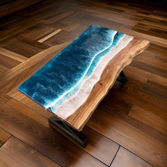 Ocean Wave Epoxy River Table – Live Edge Resin Wood Table, Handmade Home Decor Unique Handicrafts IND