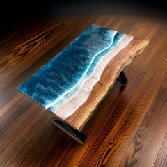 Ocean Wave Epoxy River Table – Live Edge Resin Wood Table, Handmade Home Decor Unique Handicrafts IND