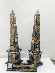 Collectible Black Marble Obelisks – Set of 2 | Handmade Semi-Precious Inlay Showpiece Gift Unique Handicrafts IND