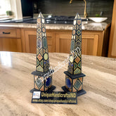 Collectible Black Marble Obelisks – Set of 2 | Handmade Semi-Precious Inlay Showpiece Gift Unique Handicrafts IND
