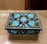 Handmade Black Marble Jewelry Box – Turquoise Inlay – Floral Stone Art – Luxury Storage Box – Unique Gift for Her Unique Handicrafts IND
