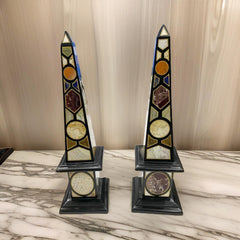 Collectible Black Marble Obelisk Set of 2 - Handmade Semi-Precious Inlay, Luxury Showpiece Gift Unique Handicrafts IND