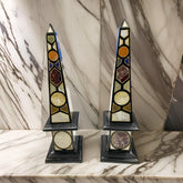 Collectible Black Marble Obelisk Set of 2 - Handmade Semi-Precious Inlay, Luxury Showpiece Gift Unique Handicrafts IND