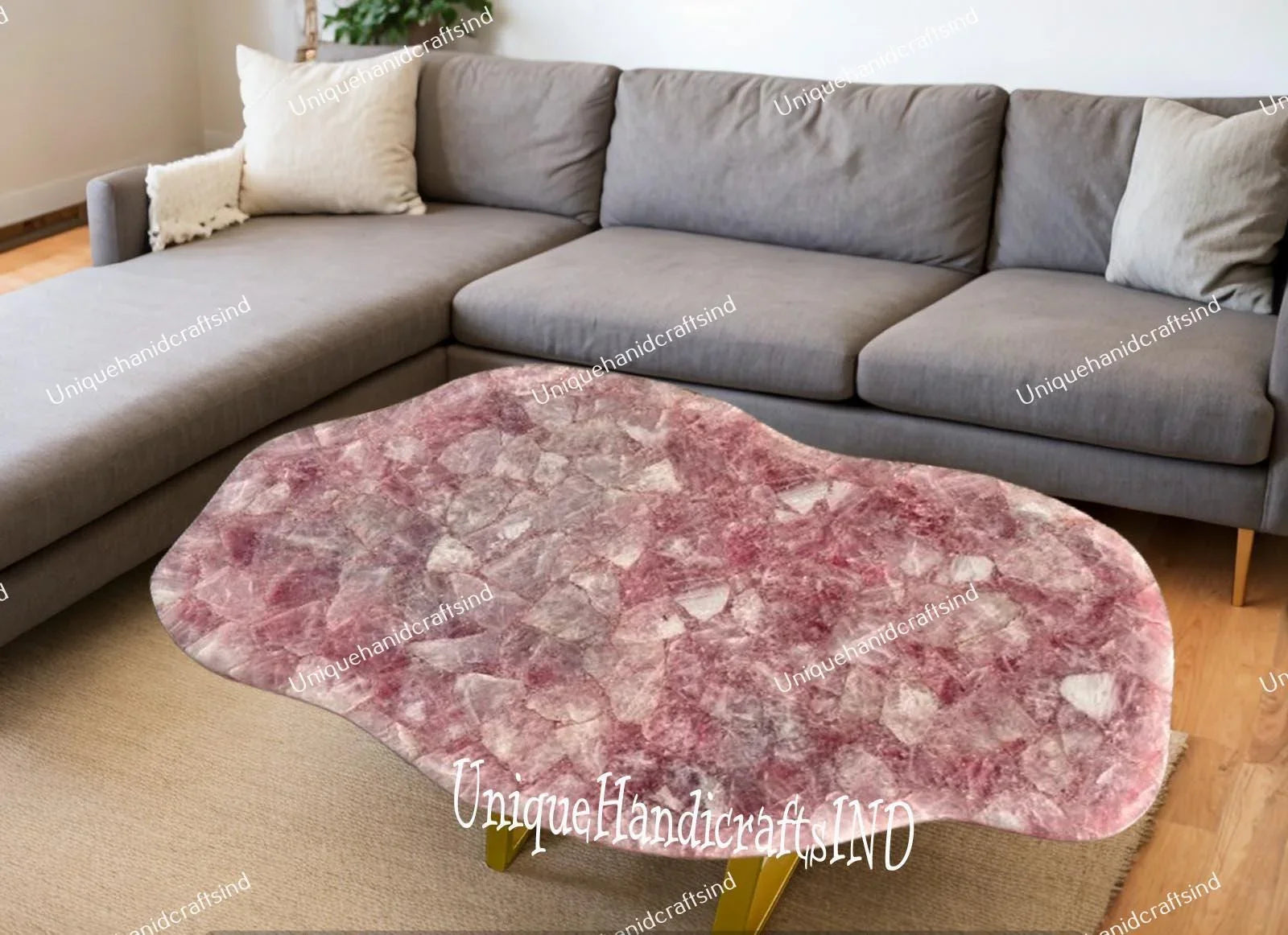 Buy Pink Rose Quartz Coffee Table Top,Abstract Coffee Table - Live Edge Handmade Stone Art - Natural Gemstone Table for Luxury Home Décor Unique Handicrafts IND