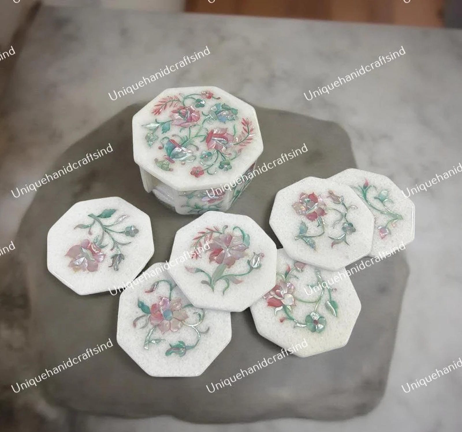 Marble Coaster Set with Floral Inlay – Handmade Stone Drink Coasters & Holder, Mother of Pearl Art Unique Handicrafts IND