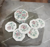 Marble Coaster Set with Floral Inlay – Handmade Stone Drink Coasters & Holder, Mother of Pearl Art Unique Handicrafts IND
