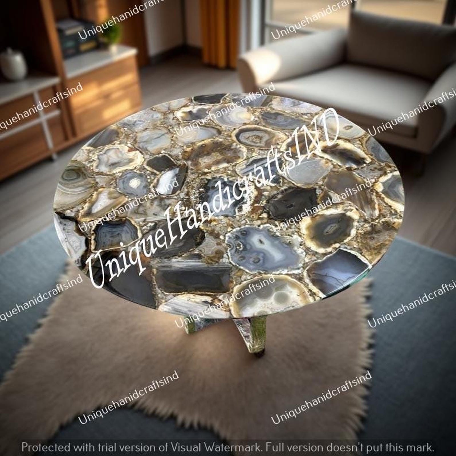 Handmade Agate Stone Coffee Table | Natural Gemstone Round Table | Luxury Accent Table | Unique Home Decor Furniture Unique Handicrafts IND