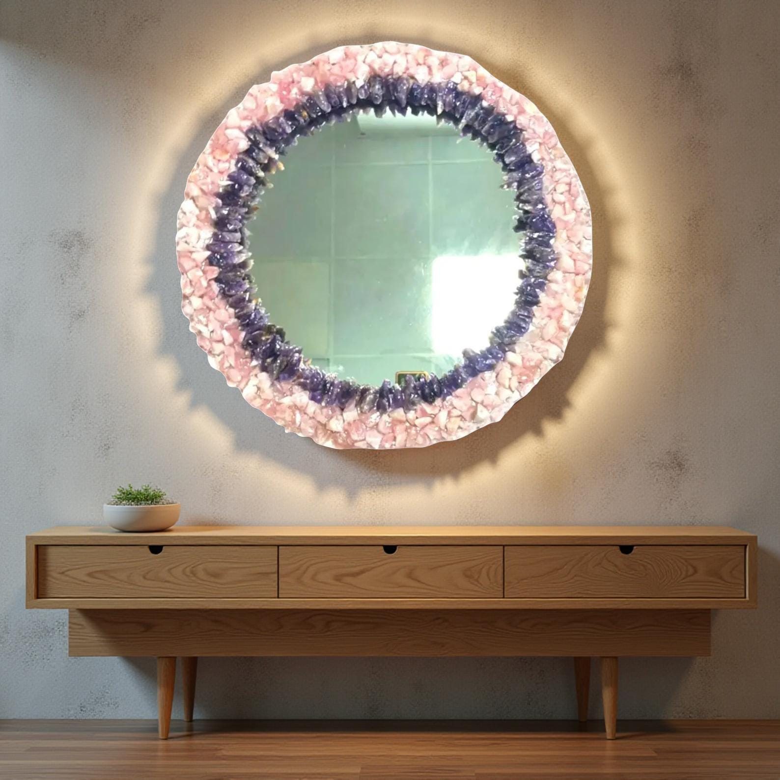 Elegant Rose Quartz & Amethyst Wall Mirror – Handmade Gemstone Frame – Crystal Mirror for Living Room or Bedroom Décor Unique Handicrafts IND