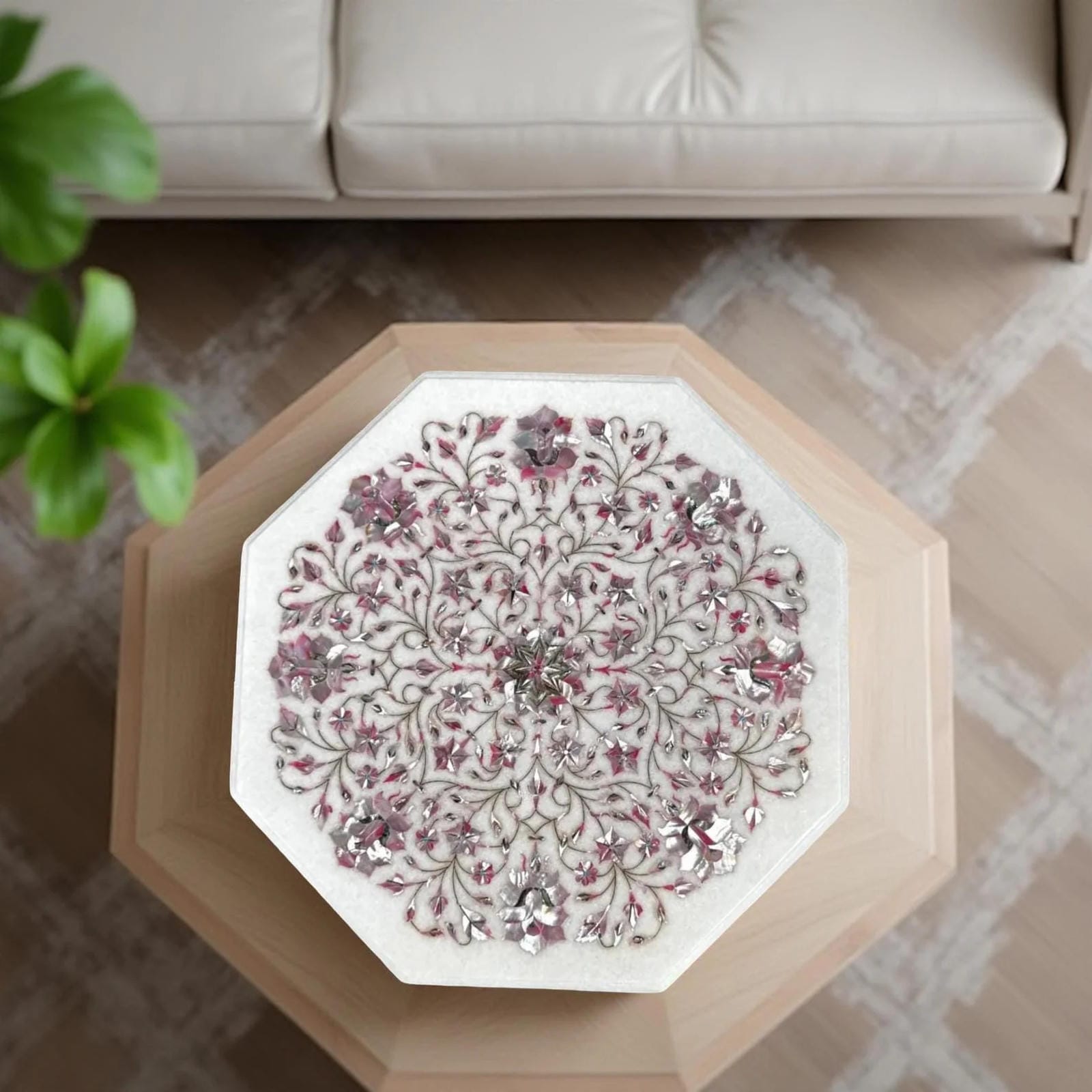 White Marble Coffee Table with Quartz Inlay – Floral Marquetry Semi-Precious Stone Art – Handmade Luxury Furniture Unique Handicrafts IND