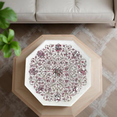 White Marble Coffee Table with Quartz Inlay – Floral Marquetry Semi-Precious Stone Art – Handmade Luxury Furniture Unique Handicrafts IND