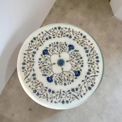 White Marble Coffee Table with Lapis Lazuli Inlay – Handmade Semi-Precious Stone Art Table – Luxury Living Room Decor Unique Handicrafts IND