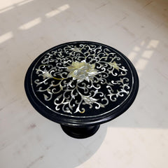 Black Marble Coffee Table with Mother of Pearl Inlay – Handmade Floral Stone Art – Elegant Living Room Decor Unique Handicrafts IND
