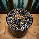 Black Marble Table with Lapis Lazuli Inlay – Handmade Floral Marquetry Semi-Precious Stone Art Decor Unique Handicrafts IND